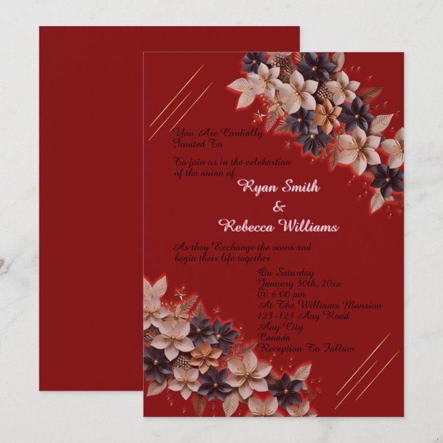 Red Geometric Floral Wedding Invitation (Front/Back)