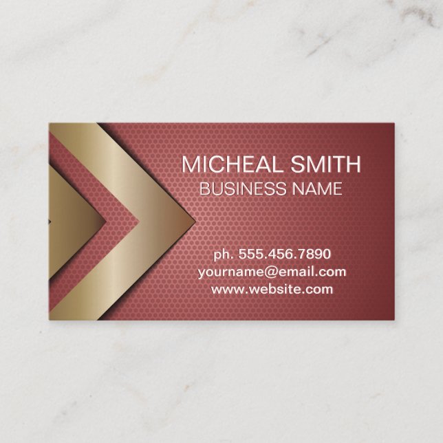 Red Geometric Gold Arrows Business Card (Front)