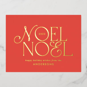Red geometric Noel script elegant modern Foil Holiday Postcard