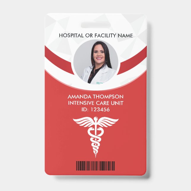 Red Geometric Nurse Photo ID Badge (Front)