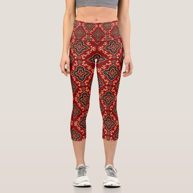 Red Geometric Pattern / Indian Print  Capri Leggings (Front)