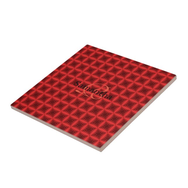 Red Geometric Squares Pattern Monogram Tile (Side)
