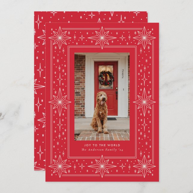 Red geometric star border Christmas Photo Holiday Card (Front/Back)