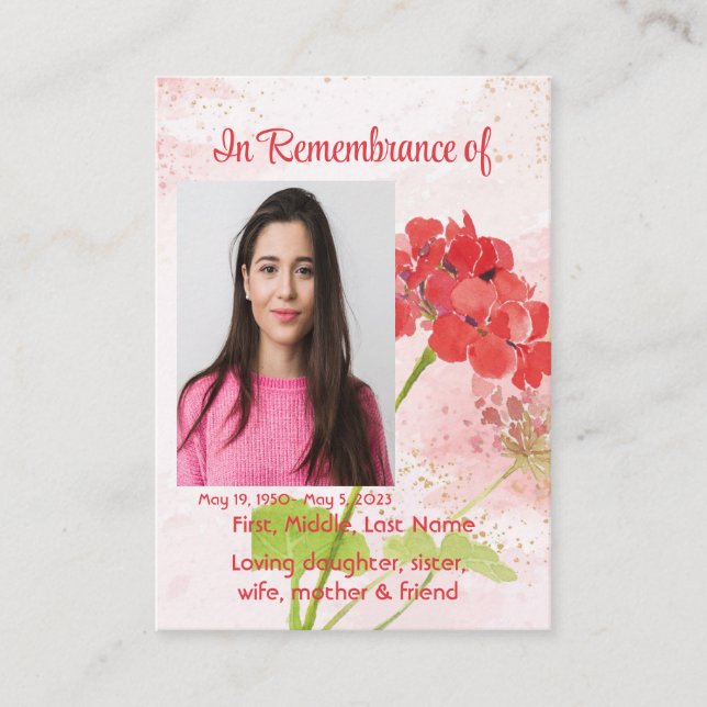 Red Geranium Memorial Pocket Keepsake Business Card (Front)