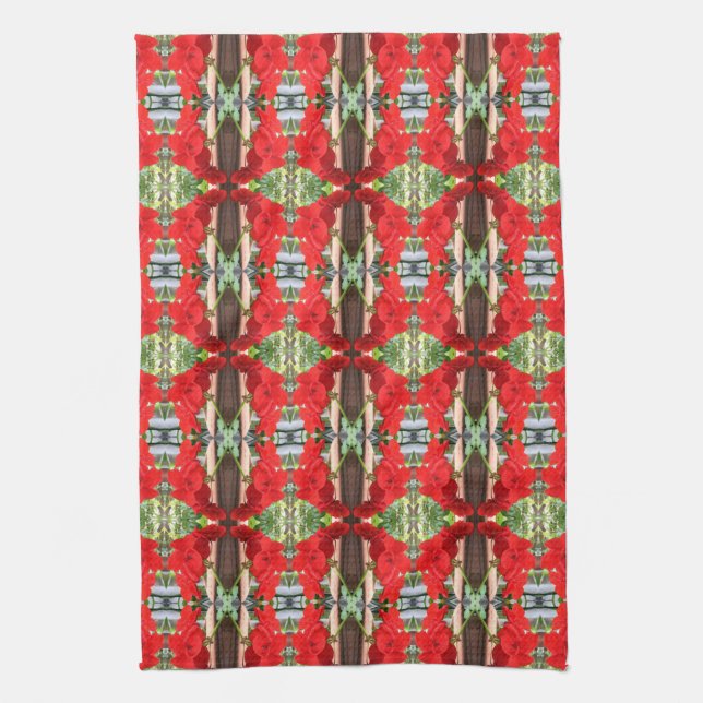 Red Geranium Stripes Tea Towel (Vertical)