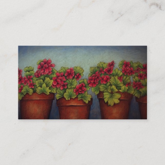 Red Geraniums in clay pots Business Card (Front)
