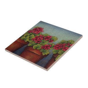 Red Geraniums in clay pots Tile