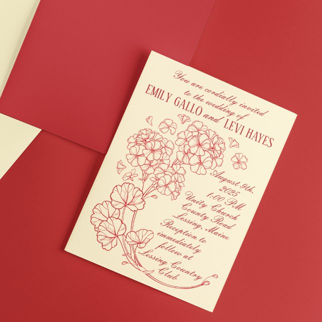 Red Geraniums on Beige Wedding Invitation (Creator Uploaded)