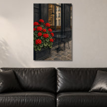 Red Geraniums Outside Cafe