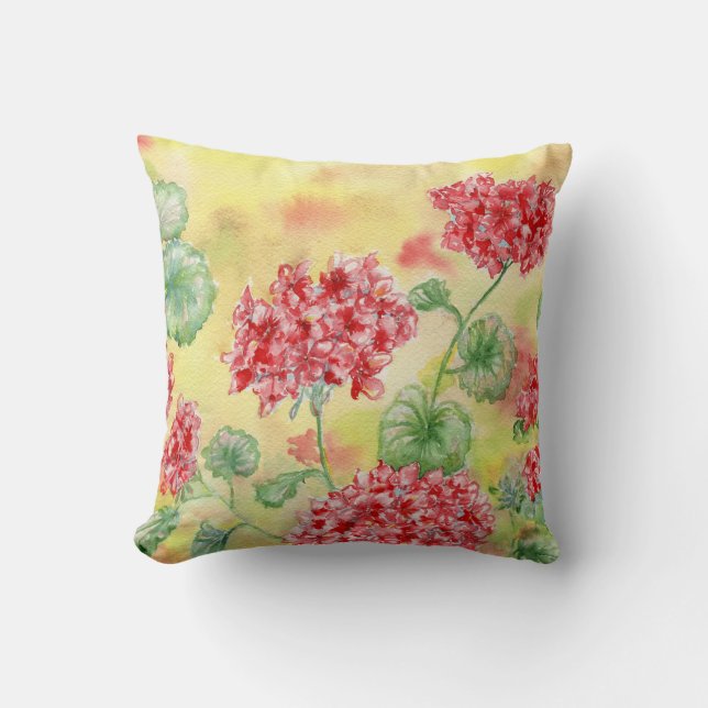 "Red Geraniums" Throw Pillow (Front)