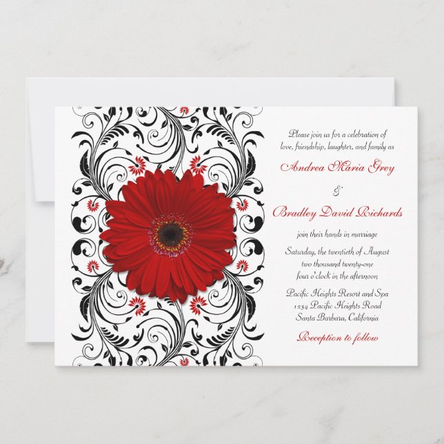 Red Gerber Daisy Black Floral Wedding Invitation (Front)