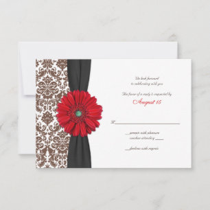 Red Gerber Daisy Damask Reply Card