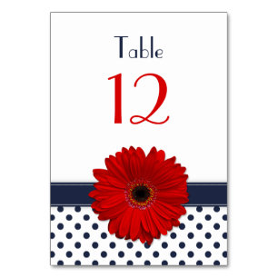 Red Gerber Daisy Navy Blue White Polka Dot Wedding Table Number