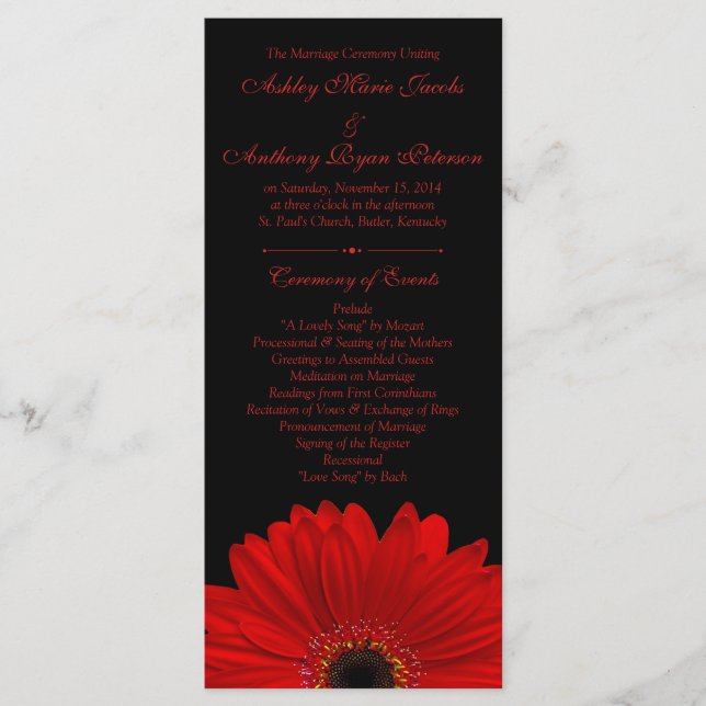 Red Gerbera Daisy Flower Black Wedding Program Programme (Front)