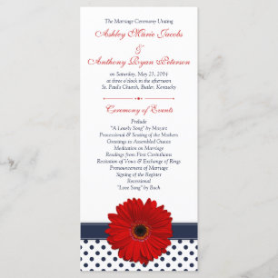 Red Gerbera Daisy Navy Polka Dot Wedding Program Programme