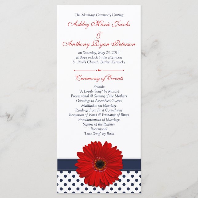Red Gerbera Daisy Navy Polka Dot Wedding Program Programme (Front)