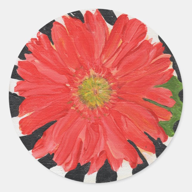 Red Gerbera Daisy on Zebra Classic Round Sticker (Front)