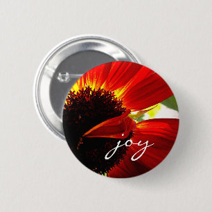 Red Gerbera Daisy Photo Joy Script Bold Modern 6 Cm Round Badge
