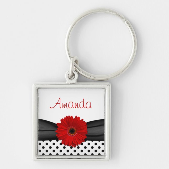 Red Gerbera Daisy Polka Dot Custom Name Keychain (Front)