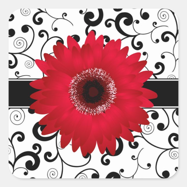 Red Gerbera Daisy with Black Scroll Design Seal (Front)