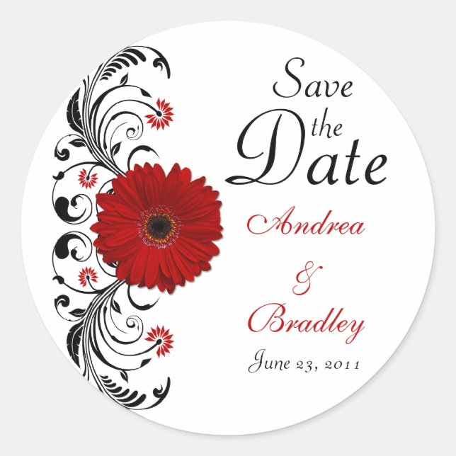 Red Gerbera Floral Save the Date Sticker (Front)