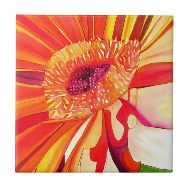 Red Gerbera flower watercolor painting art Tile (Front)