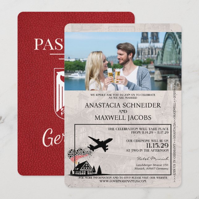 Red Germany Passport Wedding Invitation (Front/Back)