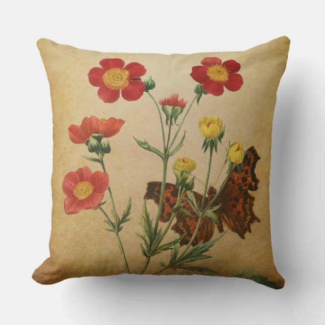 Red Geum Flowers & Butterfly Cushion (Front)