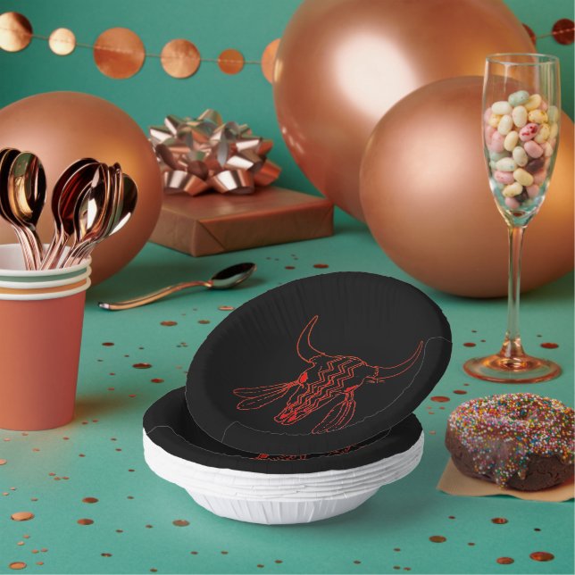Red Ghost Dance Buffalo line black paper bowls Plate (Multi)