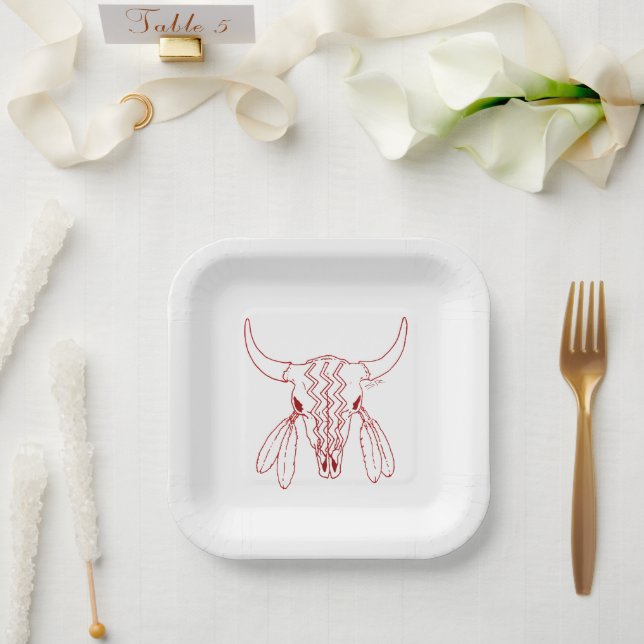 Red Ghost Dance Buffalo line square paper plates (Wedding)