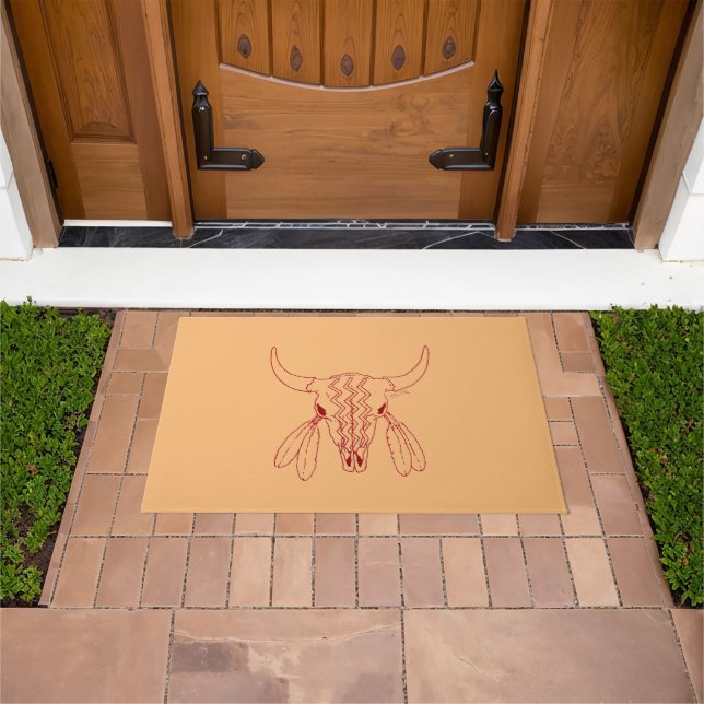 Red Ghost Dance Buffalo line tan doormat (Outdoor)