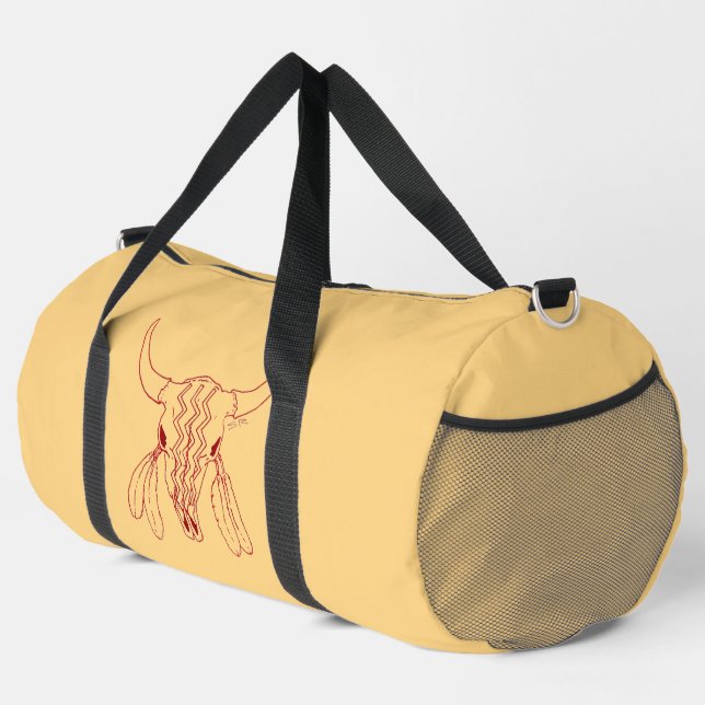 Red Ghost Dance Buffalo line tan duffel bag (Right Corner)