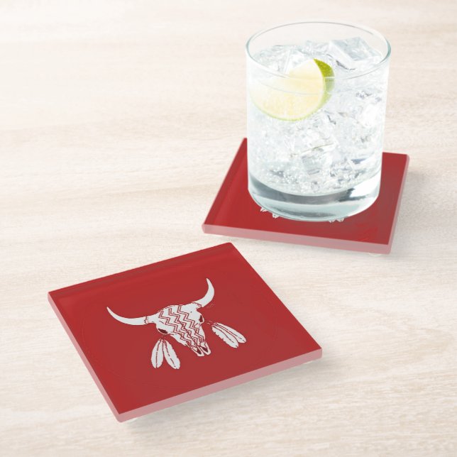 Red Ghost Dance Buffalo white glass coaster (Angled)