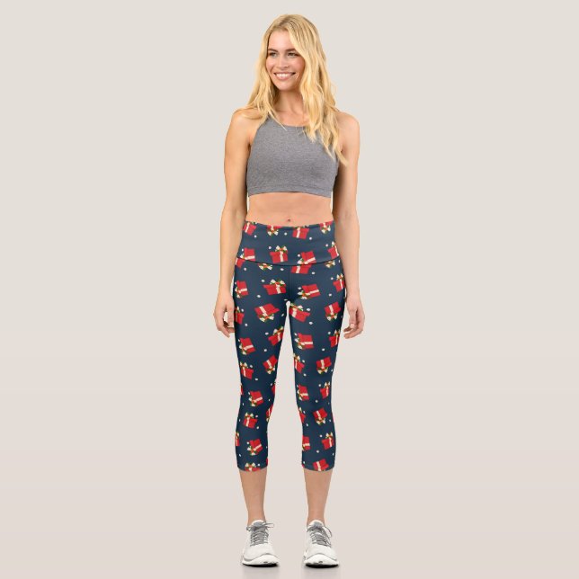 Red Gift Boxes Navy Christmas Holiday Pattern Capri Leggings (Front)