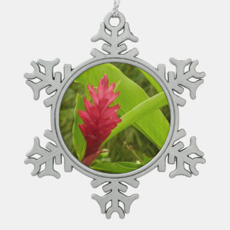 Red Ginger Flower (Alpinia) Tropical Snowflake Pewter Christmas Ornament