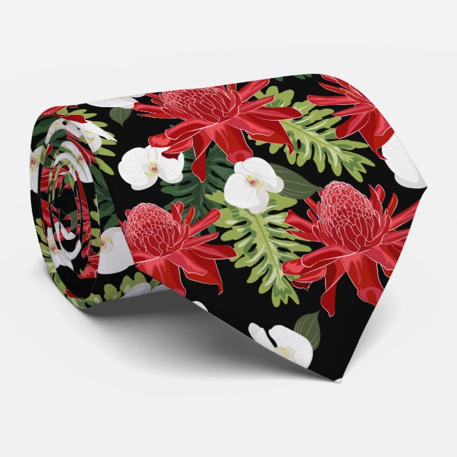 Red Ginger Tropical Orchids Black Tie (Rolled)