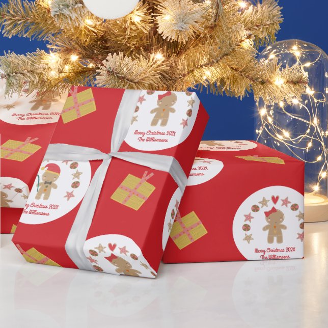 Red Gingerbread Cookie Script Custom Name Cute Wrapping Paper (Holidays)