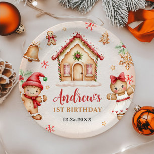 Red Gingerbread House 1st Birthday Party Paper Plate