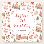 Red Gingerbread House Birthday Party<br><div class="desc">This elegant and festive coaster features a watercolor gingerbread house,  gingerbread train,  cake stand,  cookie jar,  hot cocoa,  red poinsettia flowers and Christmas trees. The text combines handwritten script and sans serif fonts for a stylish and modern look. This is perfect for Christmas birthday parties.</div>