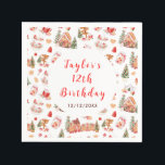 Red Gingerbread House Birthday Party Napkin<br><div class="desc">This elegant and festive napkin features a watercolor gingerbread house,  gingerbread train,  cake stand,  cookie jar,  hot cocoa,  red poinsettia flowers and Christmas trees. The text combines handwritten script and sans serif fonts for a stylish and modern look. This is perfect for Christmas birthday parties.</div>
