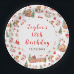 Red Gingerbread House Birthday Party Paper Plate<br><div class="desc">This elegant and festive plate features a watercolor gingerbread house,  gingerbread train,  cake stand,  cookie jar,  hot cocoa,  red poinsettia flowers and Christmas trees. The text combines handwritten script and sans serif fonts for a stylish and modern look. This is perfect for Christmas birthday parties.</div>