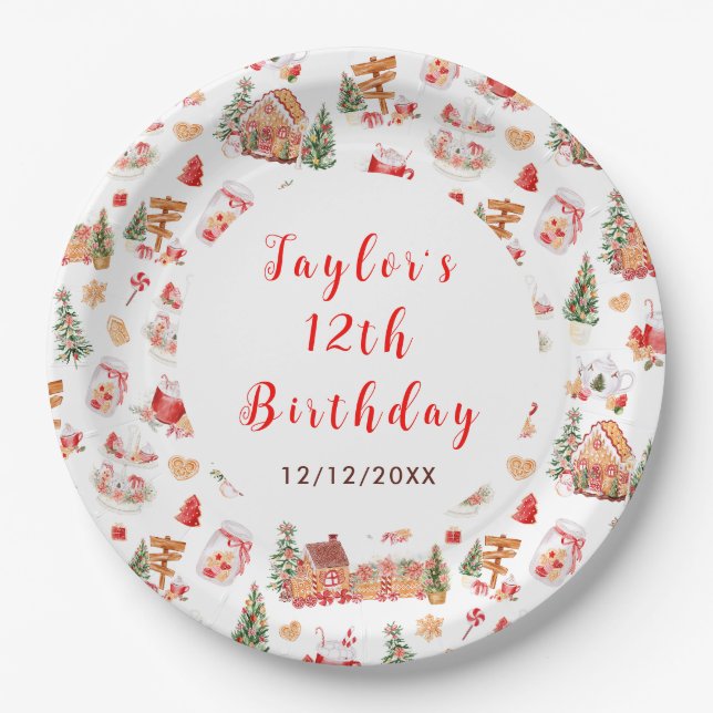 Red Gingerbread House Birthday Party Paper Plate (Front)