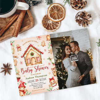 Red Gingerbread House Christmas Baby Shower Photo Invitation