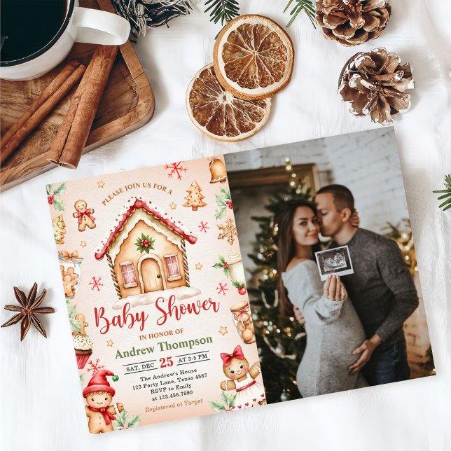 Red Gingerbread House Christmas Baby Shower Photo Invitation (Creator Uploaded)