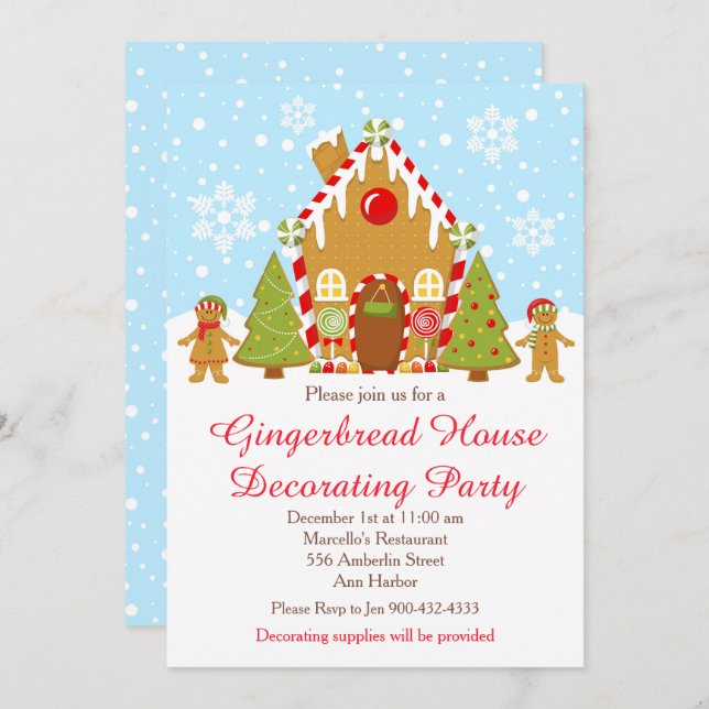 Red Gingerbread House Decorating Christmas Party Invitation (Front/Back)