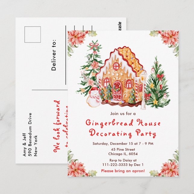 Red Gingerbread House Decorating Party Postcard (Front/Back)