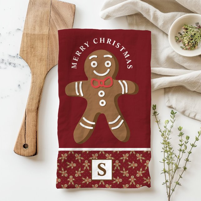 Red Gingerbread Man Monogram Merry Christmas Tea Towel (Creator Uploaded)