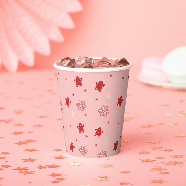 Red Gingerbread Man Snowflakes Christmas Pattern Paper Cups (Insitu)