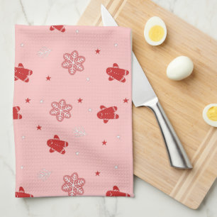 Red Gingerbread Man Snowflakes Christmas Pattern Tea Towel