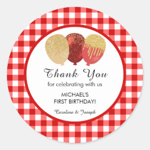 Red Gingham 1st Birthday Glitter Balloons Favour Classic Round Sticker
